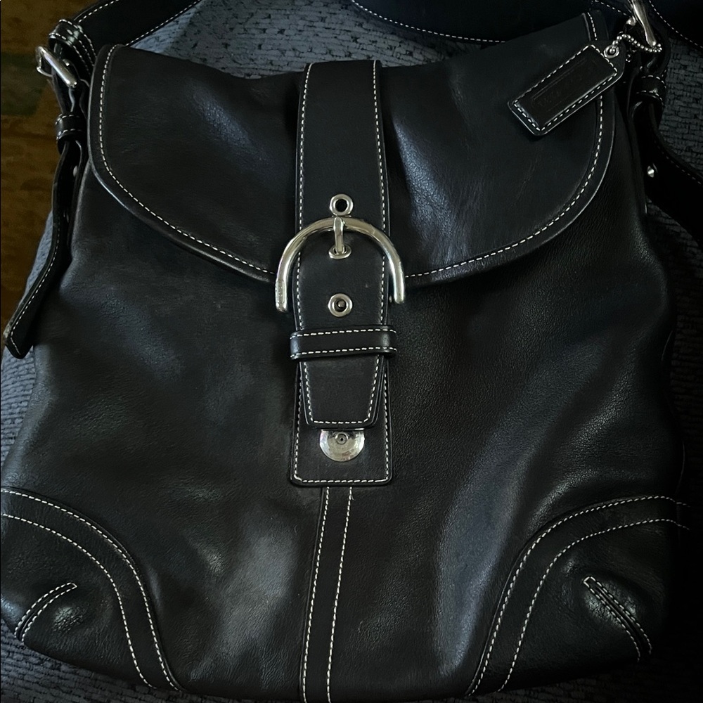 Coach Black Leather Shoulder Bag with Signature Jacquard Lining